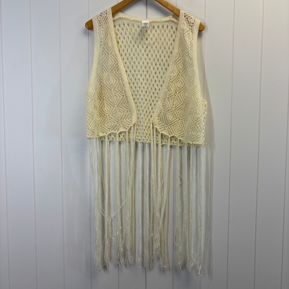 Unbranded Women Boho Festival Crochet Knit Cardigan Vest Size L XL Fringe Hem